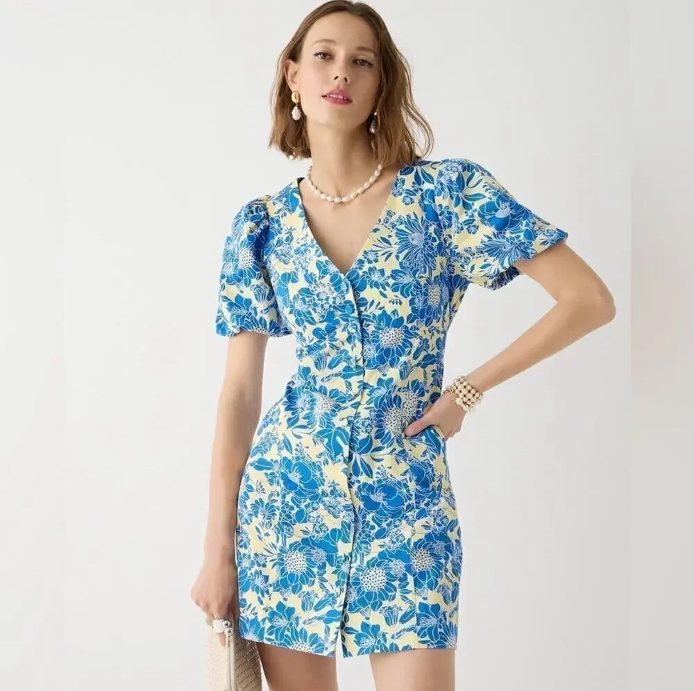 NWT J. Crew blue floral Twill Puff-Sleeve Mini Dress women’s size 18